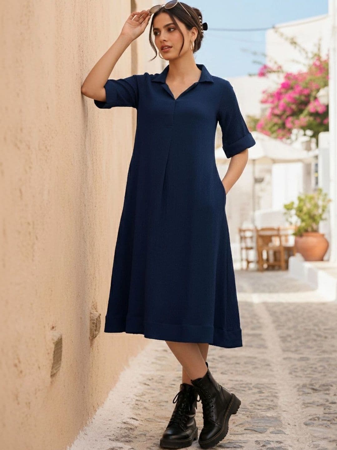 Solid Shirt Collar Dress AADVIKA Women Solid Shirt Collar A-Line Dress