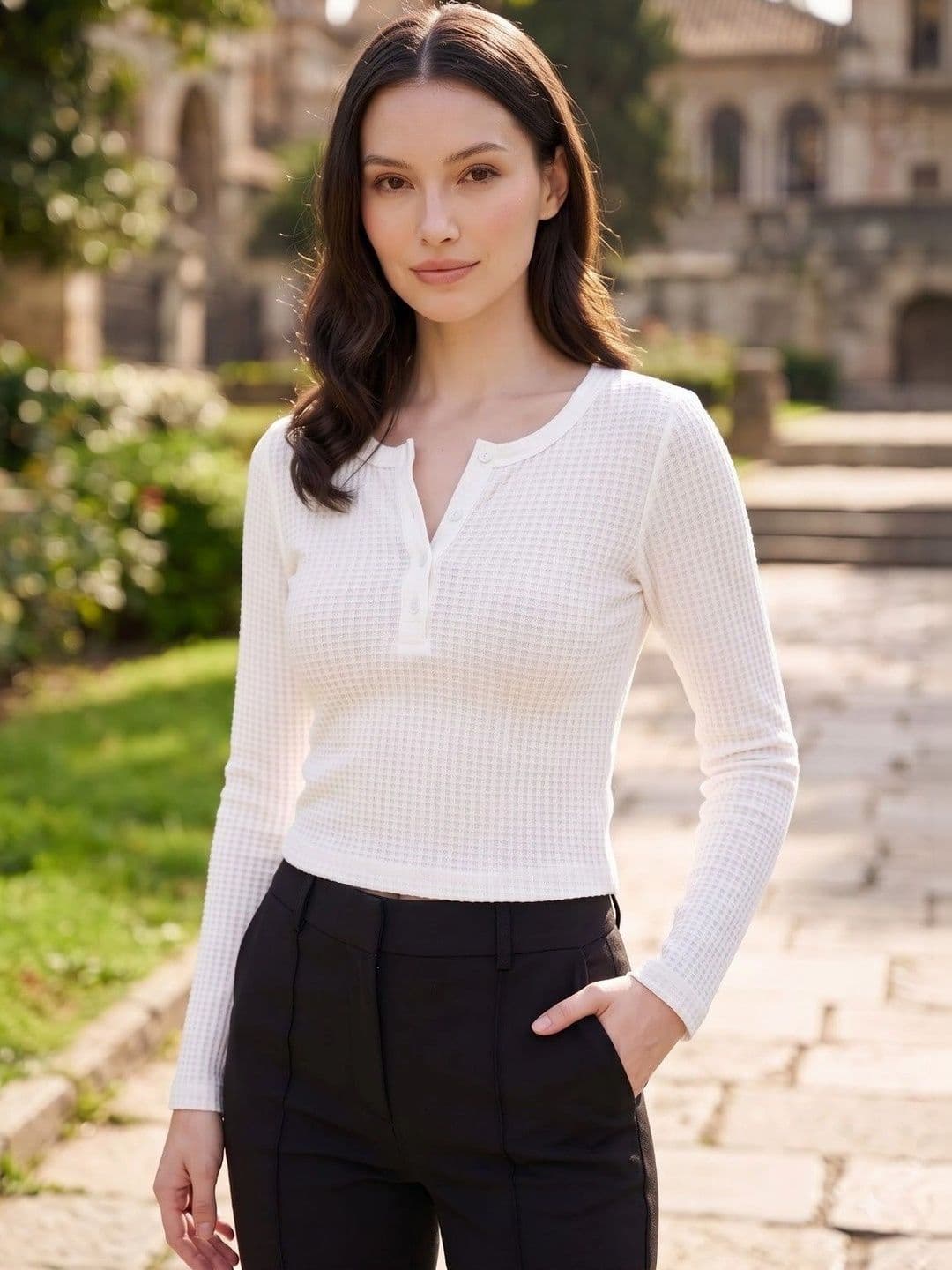 glitchez glitchez Women Off White Textured Knitted Button Detail Indert Top