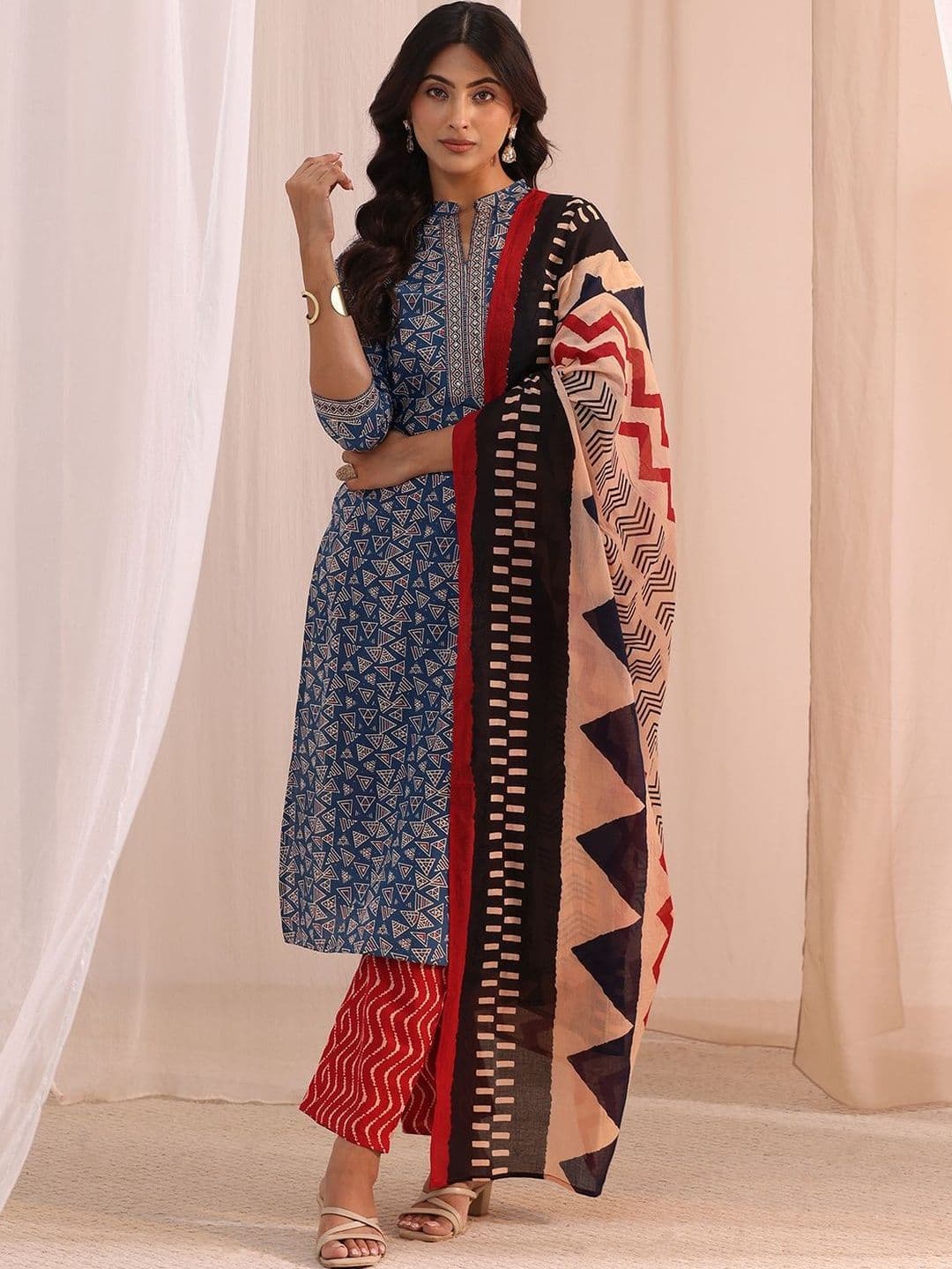Women Printed Kurta Set Gerua By Libas Women Geometric Printed Kurta with Trousers & Dupatta