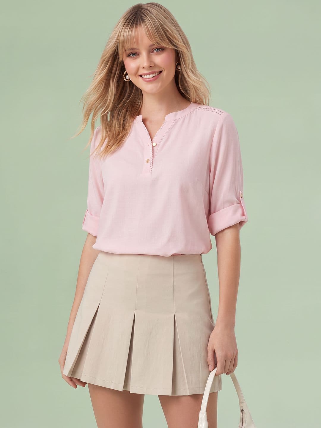 DressBerry DressBerry Mandarin Collar Roll-Up Sleeves Top
