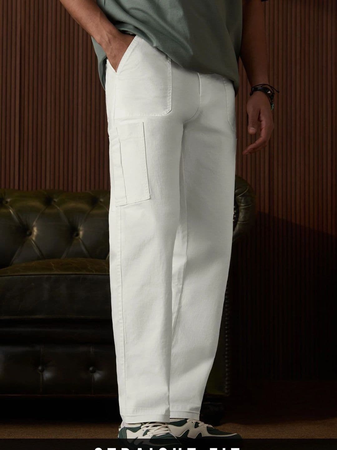 Men Mid-Rise Cargo Jeans The Souled Store Men Solid White Straight Fit Cargo Jeans