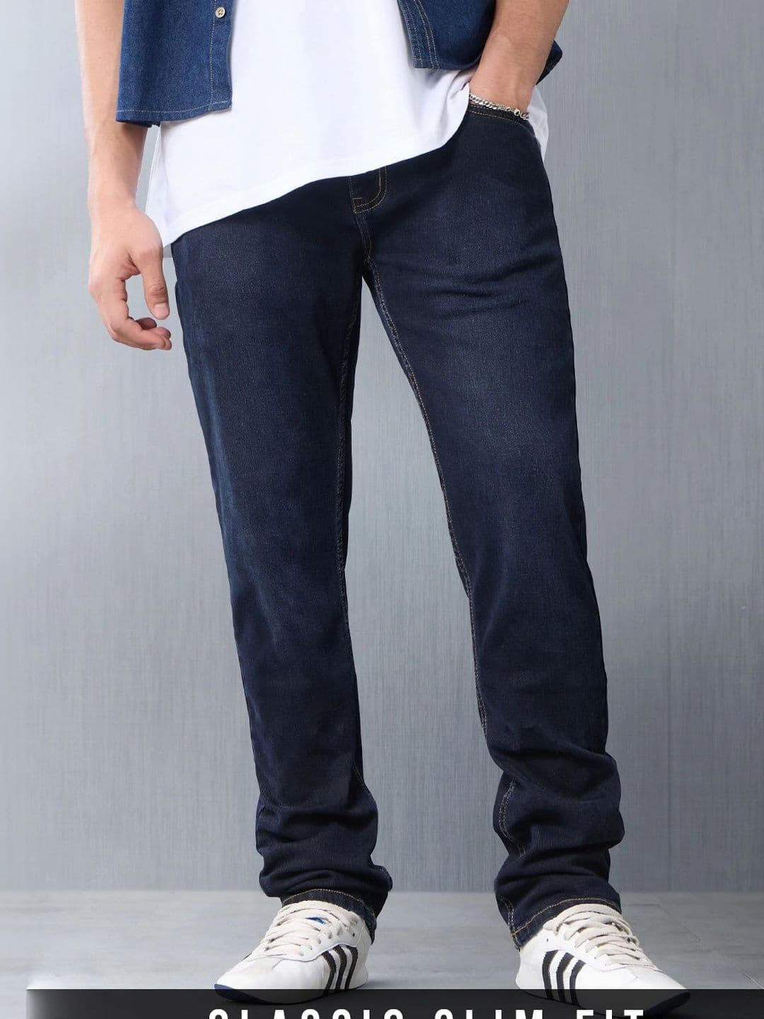 Slim Fit Stretchable Jeans The Souled Store Men Slim Fit Solid Navy Blue Jeans