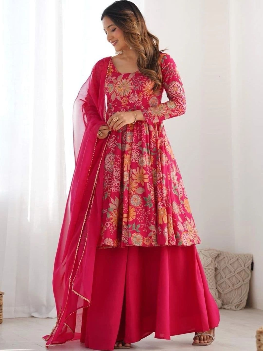 Style Whimsy Style Whimsy Women Floral Printed Empire Chanderi Silk Kurta with Sharara & With Dupatta