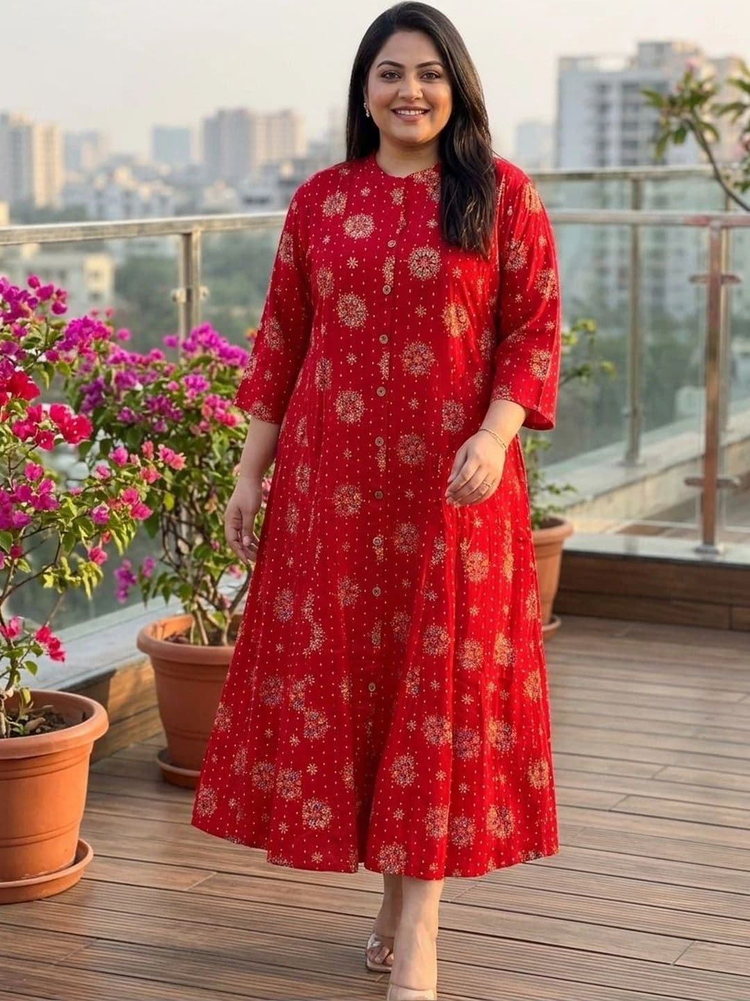 Sztori Sztori  Printed Mandrain Collar Flared Ethnic Dresses