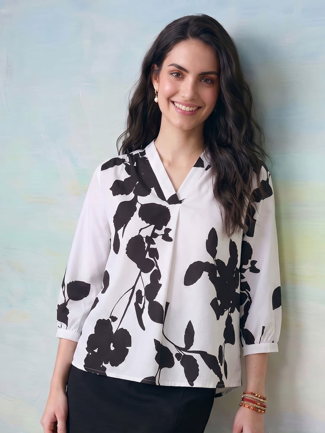 ZACCAI ZACCAI Crepe Leaf Print A-Line Top
