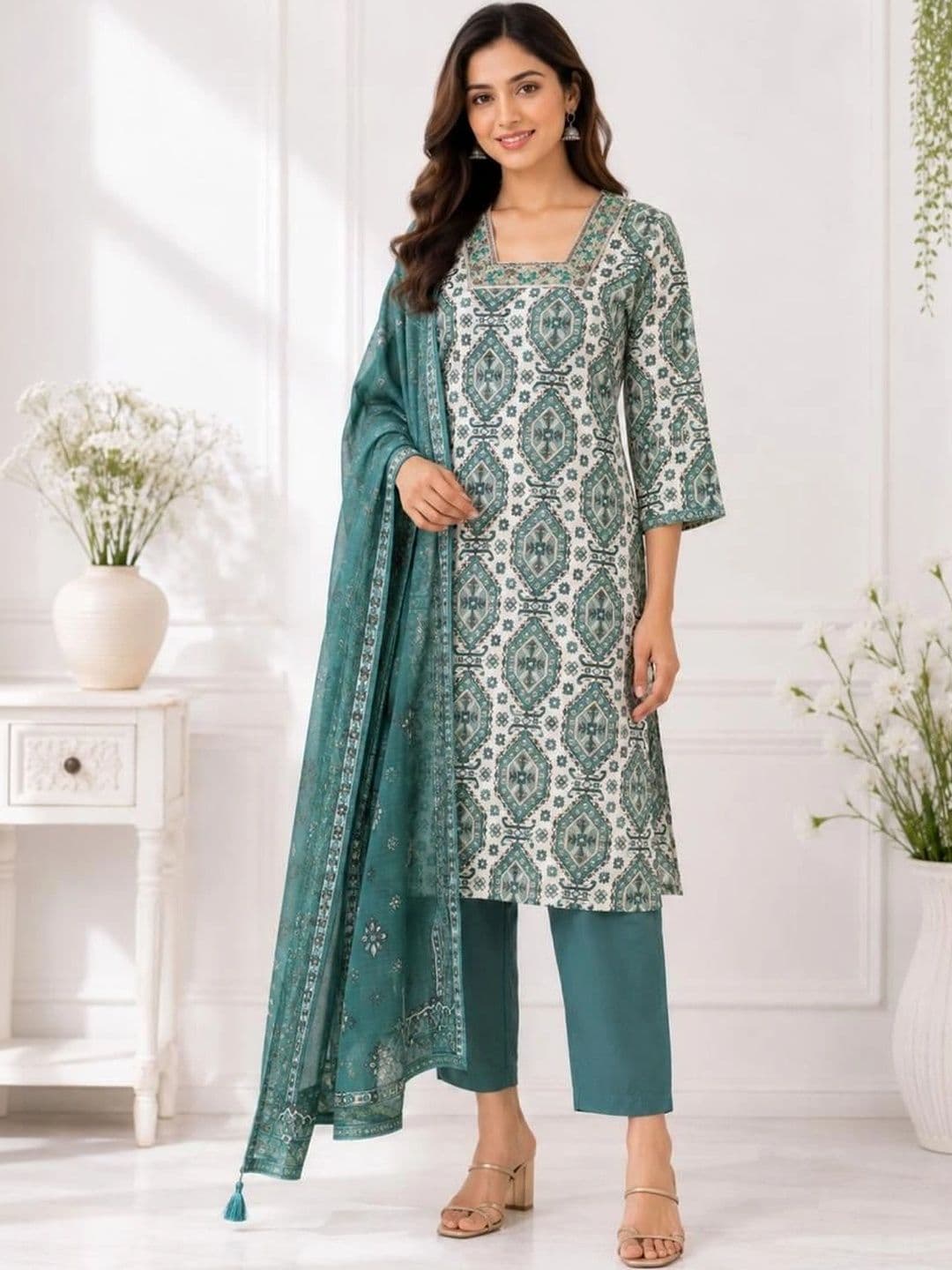 SHIFZ SHIFZ Women Ethnic Motifs Printed Regular Thread Work Kurta with Trousers & With Dupatta