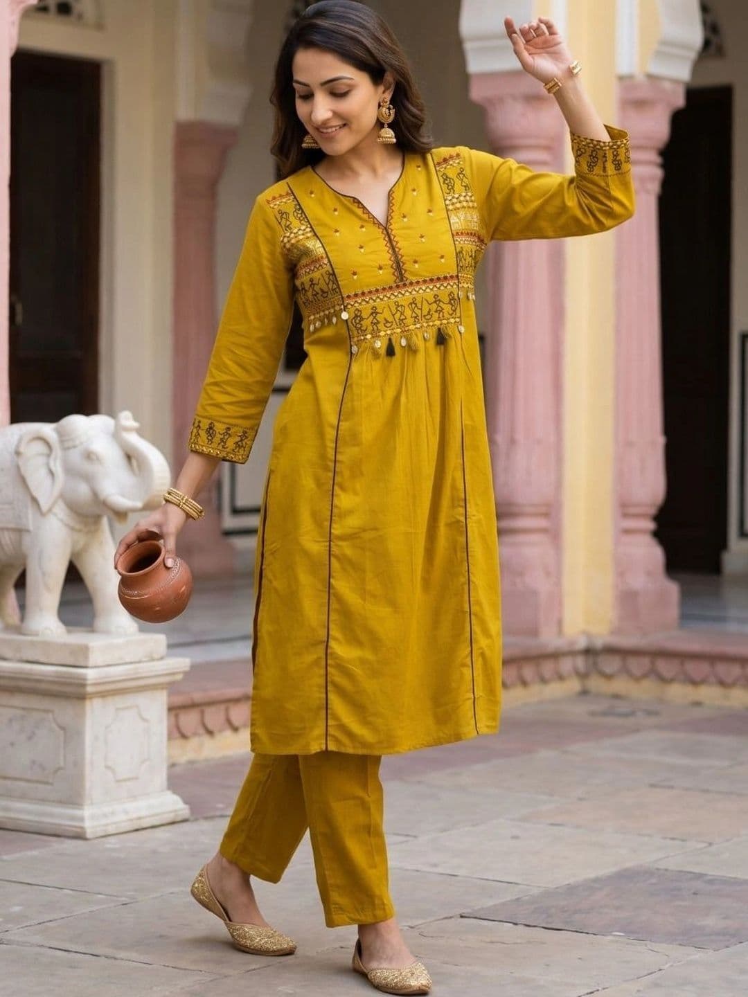 Pellini Pellini Women Ethnic Motifs Embroidered Empire Mirror Work Pure Cotton Kurta with Trousers & With Dupatta