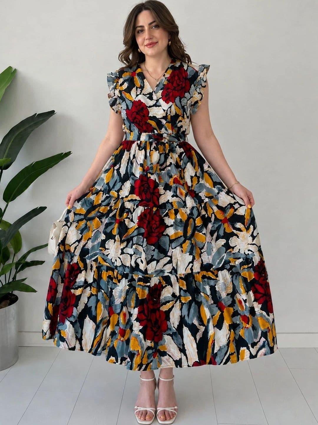FABFINDS FABFINDS Floral Print Flutter Sleeve Ruffled Maxi Dress
