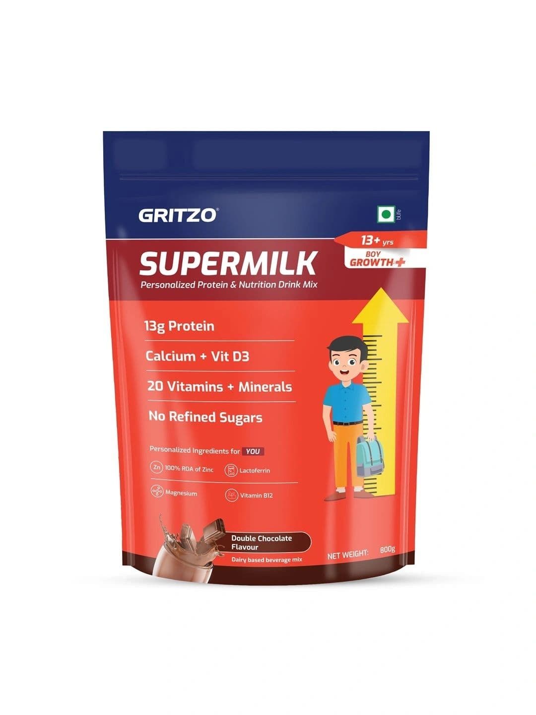 Gritzo 9. Gritzo SuperMilk Growth+ 13+ Boys Protein Powder 800g Double Chocolate