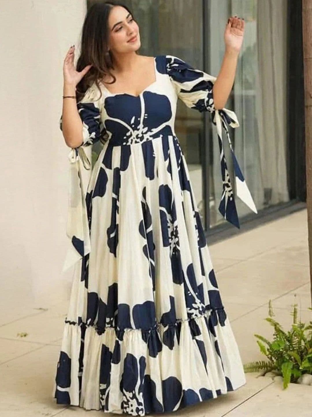 HOUSE OF KALASHAKTI HOUSE OF KALASHAKTI Women Print Puff Sleeve Ruffled Crepe A-Line Maxi Dress