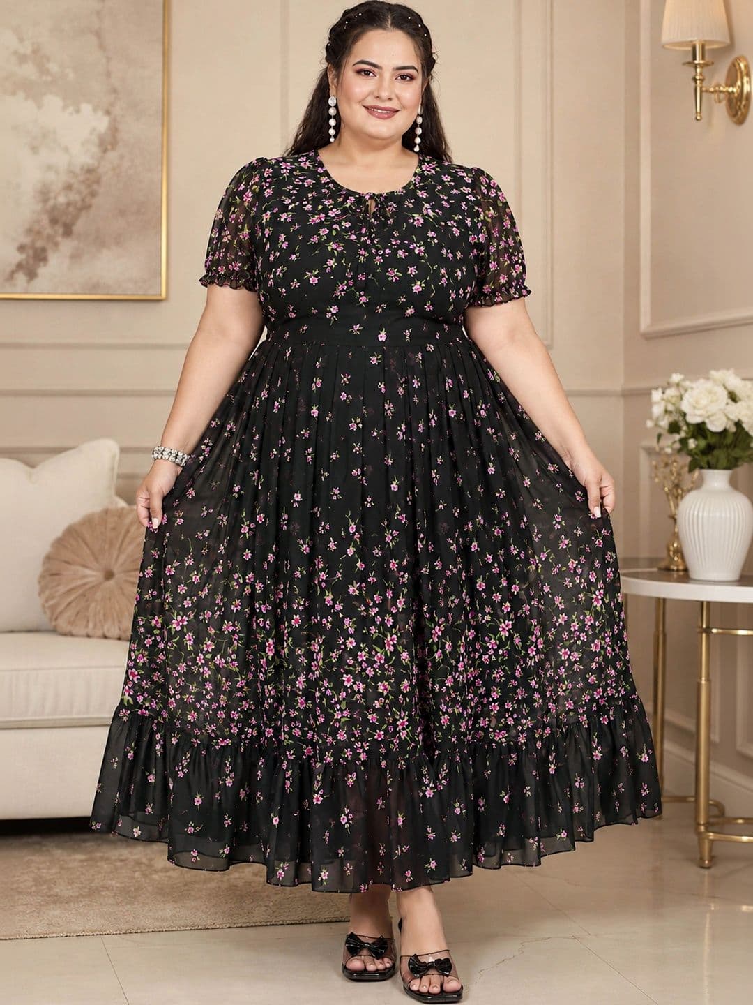 QENA QENA Floral Women Print Round Neck Georgette A-Line Midi Dress