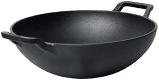 Meyer Pre Seasoned Cast Iron Kadai Without Lid | Iron Kadai for Cooking | Deep Frying Kadai | Kadhai for Kitchen with Heavy Bottom | Gas and Induction Compatible, 24cm, Black