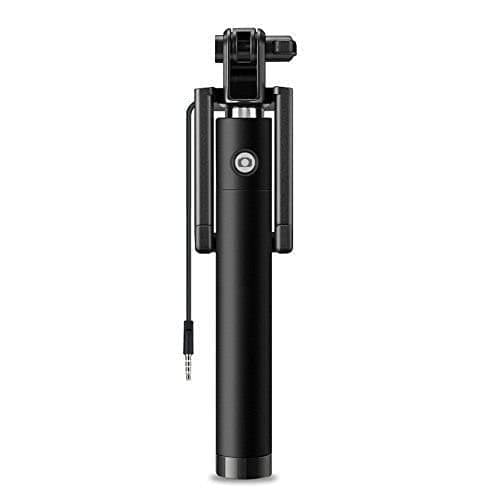 PremiumAV Wired Selfie Stick Stand with Built-in Shutter Button, Handheld Extendable Monopod with Adjustable Phone Holder for All Smartphones, 360° Rotating Head, 3.5mm Audio Cable Connector, Black