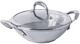 Meyer Select Nickel Free Stainless Steel Kadai with Glass Lid | Steel Kadhai with Triply Base for Deep Frying | Gas and Induction Compatible, 24cm/ 2.61 Liters, Silver