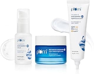 Plum Niacinamide Glow & Protect Trio | 10% Niacinamide Serum 15ml, Rice Water Moisturizer 50g & SPF 50 Sunscreen 50g | Brightening Skincare Routine