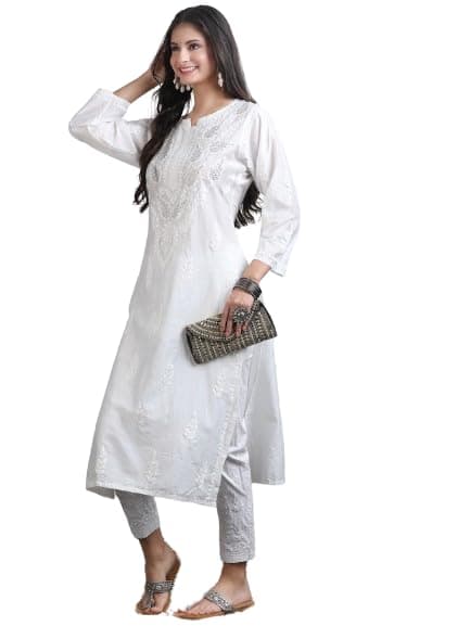 Fashion Chikan Art Women's Lucknowi Premium Chanderi Heavy Handwork Kurta with Mukaish Embellishment