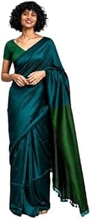 Women Cotton Teal Bottal Green New Saree Gini Handloom Saree With Blouse Piece Dual Tone, V-Neck Blouse, Tassel Border