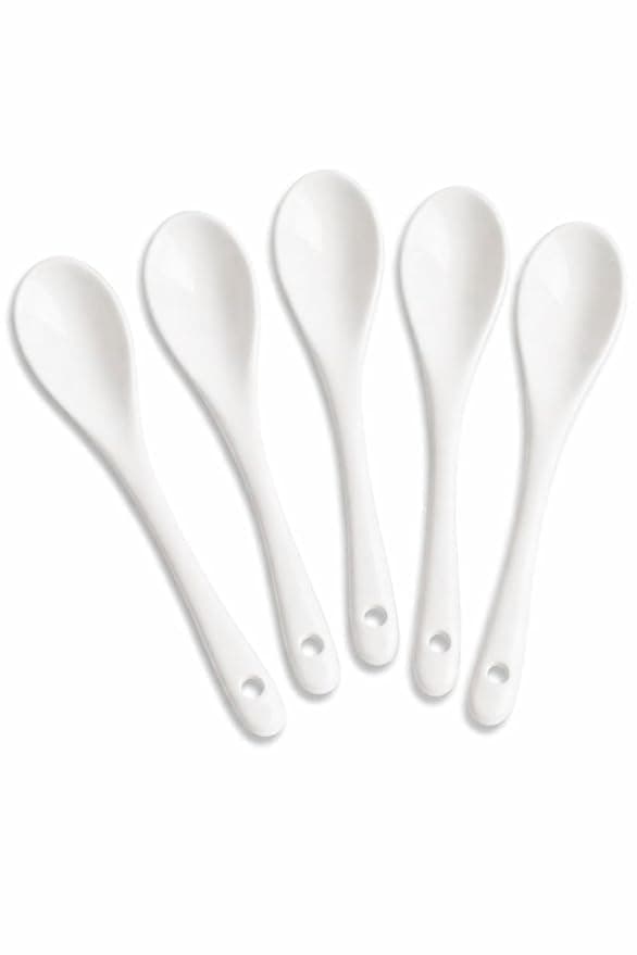5 PCS White Long Handle Ceramic Spoons for Tea; Coffee, Ice Cream Cutlery, Mixer,Restaurant Dinner Table Spoon Tableware Serving Spoons.