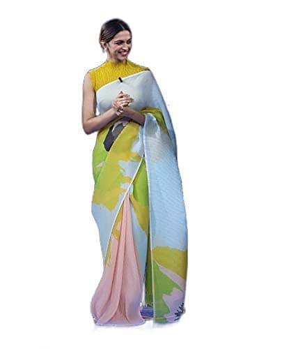 SGF11 Women's Crushed Pleated Digital Printed Pure Georgette Saree (Yellow Sky Blue)