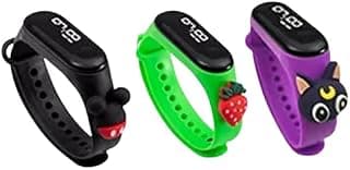 Truvic Designer Fashionable Wateproof Kids LED White Light Cartoon Band Watch (Black Dial Assorted Colored Strap) (Pack of 3)