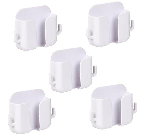 WALLVIEW TECH Pack of 5 Wall Mount Phone Holder Mobile Charging Stand with 2 Hook Mobie Holder for Bedroom Bathroom Kitchen Shelves Office Table Top -(White)