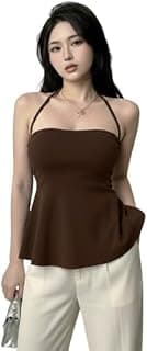 TIVANTE Women's Halter Neck Peplum Top, Sleeveless Backless Fitted Top