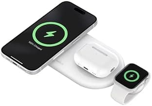 Belkin Magsafe 3-in-1 Wireless Charging Pad Qi2 15W + Additional USB-C Port - MagSafe-Compatible, Charging Station for iPhone 16, 15, & 14 Series, AirPods, Apple Watch and More - White