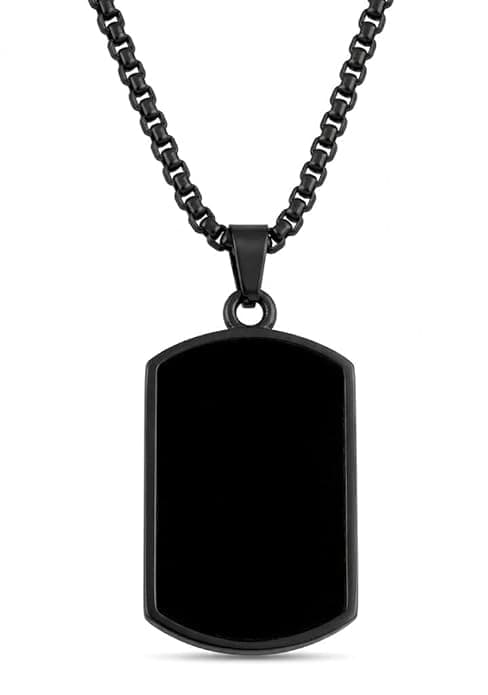 TrueBellaa Black and Silver Finish Stainless Steel Fancy & Stylish Solid Army Military Theme Step Edge Dog Tag Single Plate Pendant Locket Necklace With Box Chain