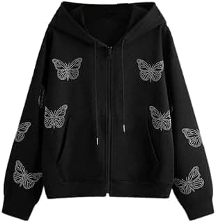 PDKFASHIONS Casual Butterfly Printed Long Sleeve Front Zipper Hoddie for Women (Black)