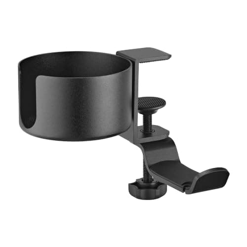 Jin Office Premium Clamp on Cup and Headphone Holder for Desk| Black Colour | Desk Organizer for Headphone, Bottle, Cup, Bags, Umbrellas | 360 Degree Rotating Design| Non Drill Space Saving Design