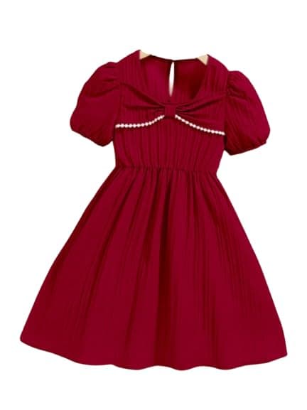 Baby Girls Designer Dress | Pleated A-Line Dress with Puff Sleeves, Pearl Trim & Bow | Wedding
