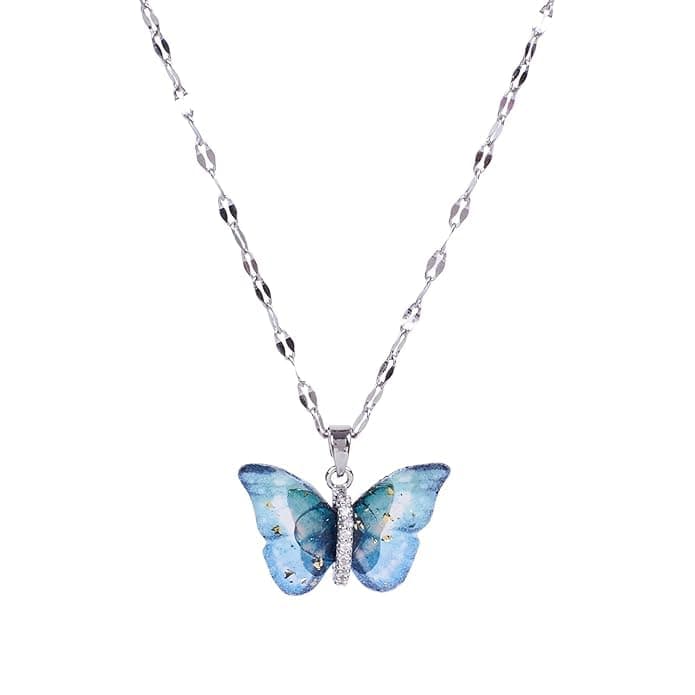 MEENAZ Butterfly Pendant Necklace for Women & Girls Stylish Blue Silver Necklace | Neck Chain | Locket | Modern Design | Birthday & Special Occassion Gift Aesthetic Jewellery Accessories anti tarnish