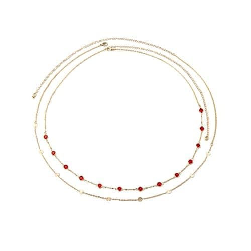 AQUASTREET Minimal Gold Plated Alloy with Red Rhinestones Thin Metallic Layered Waist Chain For Women And Girls | Set of 2 | Stylish Kamarband, Hip Chain for Saree
