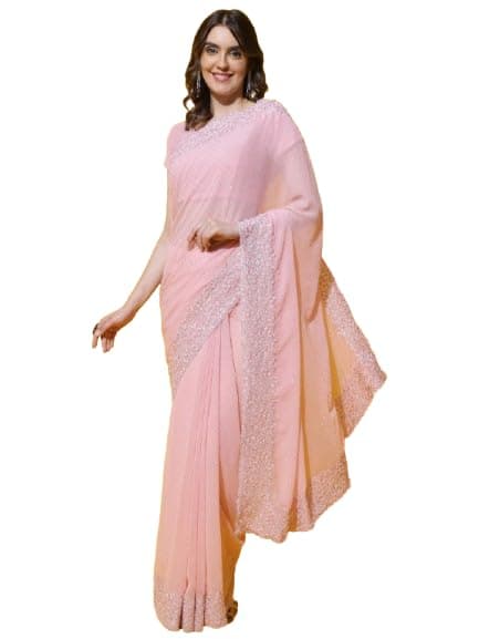 Kasee Women Pink Saree with Sequin Detailing and Floral Embroidered Border