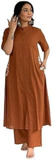 Generic Women's Reyon Kurta Palazzo Set, Short Sleeves, Mandarin collar, Rust Casual Wear,Embroidery on both pockets Traditional Indian Dress