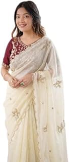 SAREEZAA Satin Saree with Sequin, Bead and Embroidery Work with Unstitched Blouse Piece