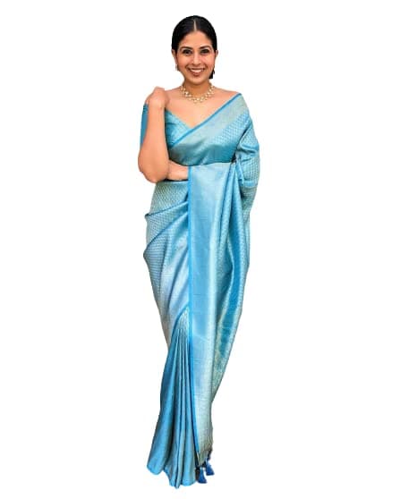 ZECVA Women's Sky Blue Kanjivaram Soft Traditional Silk Saree With Attach Unstitched Blouse Piece
