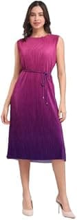 FableStreet Women Evening Dress | Pleated Shift Fit Sleeveless Round Neck Ombre Pattern | Lightweight Fabric with Detachable Belt & Pockets