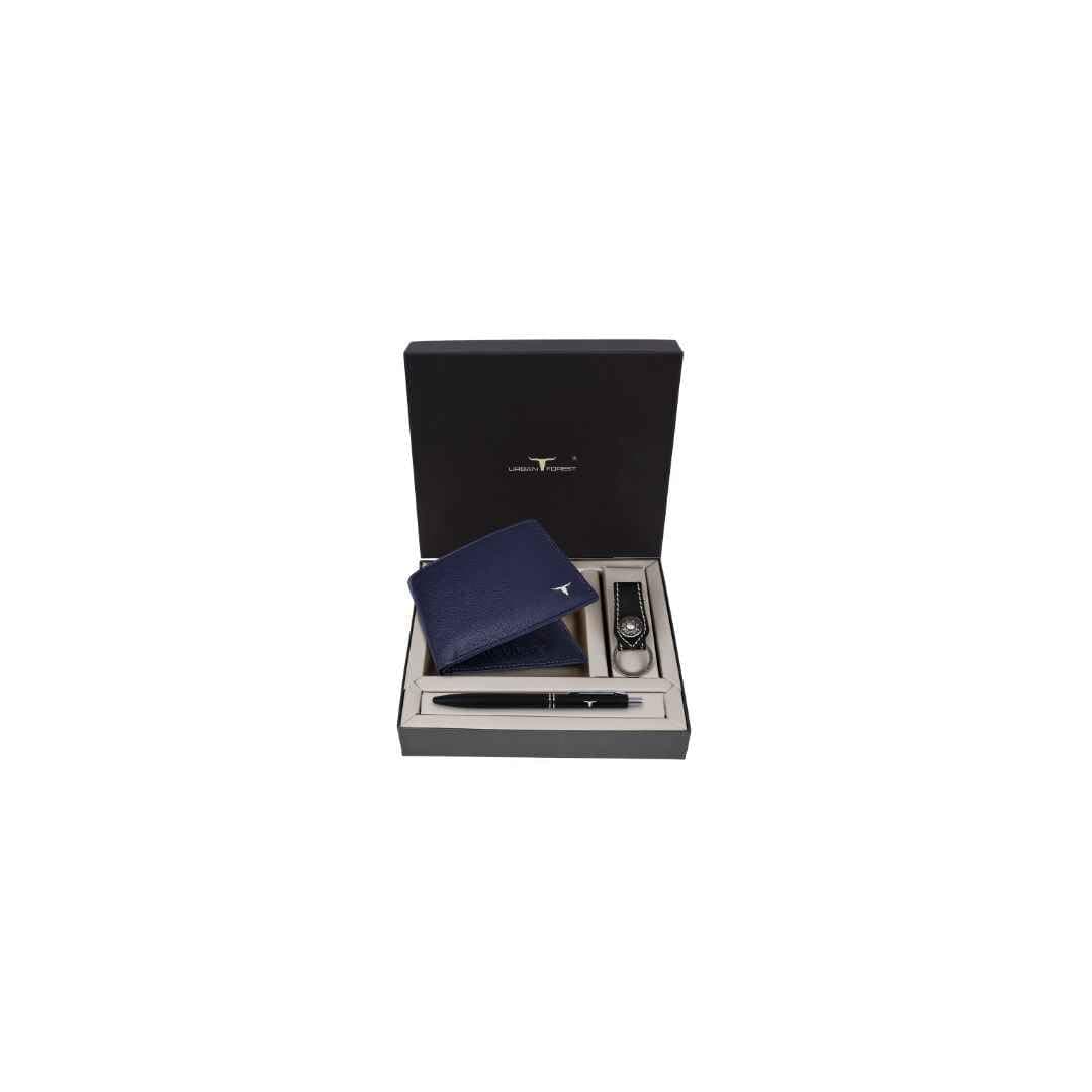 URBAN FOREST Gavin Blueberry Leather Wallet, Black Keychain & Pen Combo Gift Set for Men