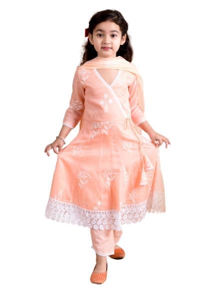 Pspeaches Girls Peach-Coloured Floral Printed Angrakha Pure Cotton Kurta With Trousers With Dupatta (Orange-7-8Y)