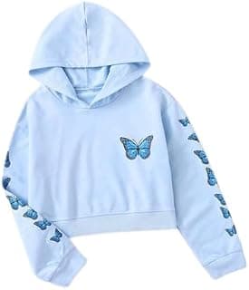 2 Pc Collection Women's Casual Long Sleeve Butterfly Print Crop Hoodie Sweatshirt