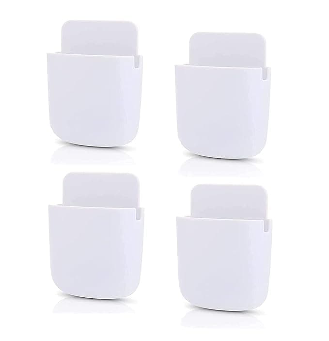 WALLLVIEW Pack of 4 ABS Plastic Wall Mounted Adhesive Remote Control Stand Mobile Phone Holder for Charging AC/TV Storage Box for All Smartphones| (Whiite), 20 X 12 X 3 cm