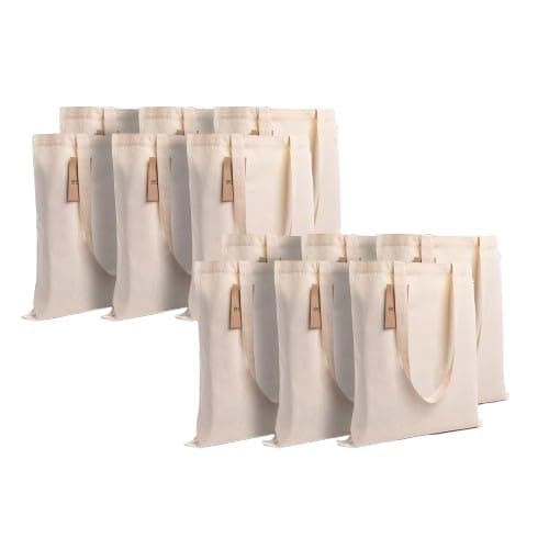 Amazon Brand - Eono 100% Cotton Canvas Tote Bags (12 Pack, 16.5 x 14.9 in) | Reusable Grocery & Shopping Bags | 15kg Capacity | Totes for DIY Painting, Crafts, Office, College & Return Gifts | Natural