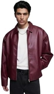 Generic Gigavibe Men's Burgundy Leather Bomber Jacket, Zip-Up, Spread Collar, Casual Style