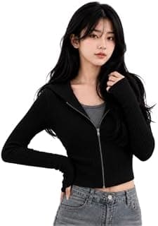 Women Black Ribbed Front Zip Crop Hoodie Sweater, Full Sleeve Casual Cardigan Top - Size S