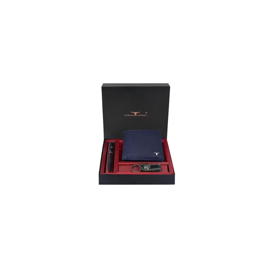 URBAN FOREST Gary Aniline Blue Leather Wallet, Black Pen & Keychain Combo Gift Set for Men