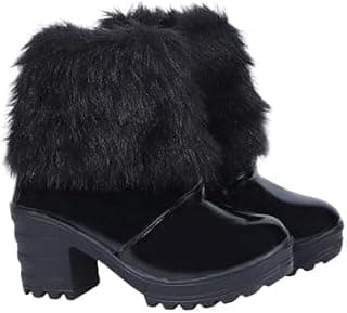 MUKUNDA FOOTWEAR Stylish Furry Ankle Boots with Embellished Buckles, Chunky Heels