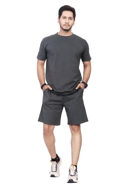 HOODMASTER Men's Cotton Night Suit Set of Top & Knee Length Shorts with Round Neck Half Sleeves Solid Pattern Regular Fit and Standard Length | Mens Cotton Night Suit | T-Shirt and Shorts Sets