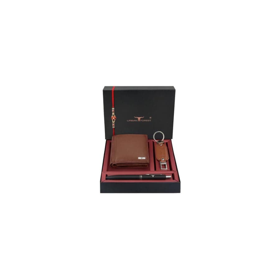 URBAN FOREST Rakhi Gift Hamper for Brother - Redwood Men's Leather Wallet, Redwood Keyring, Black Pen and Rakhi Combo Gift Set for Brother - 4701R