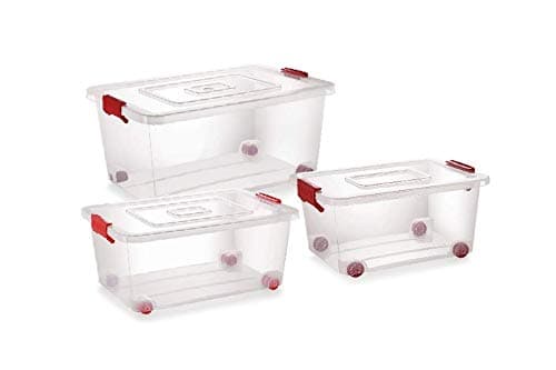 Konquer TimeS Large Plastic Multipurpose Stackable Storage Box with Lid, Handles, & Wheels, Transparent (Combo of 3, Rectangular)